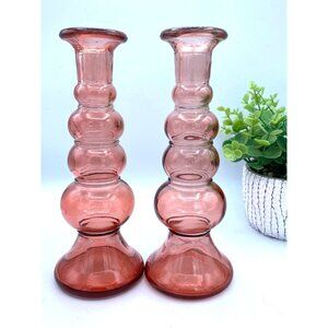 Recycled Art Glass Pink 4 Bulb Terrace Candle Holder Vase Vintage 9 Inches Home